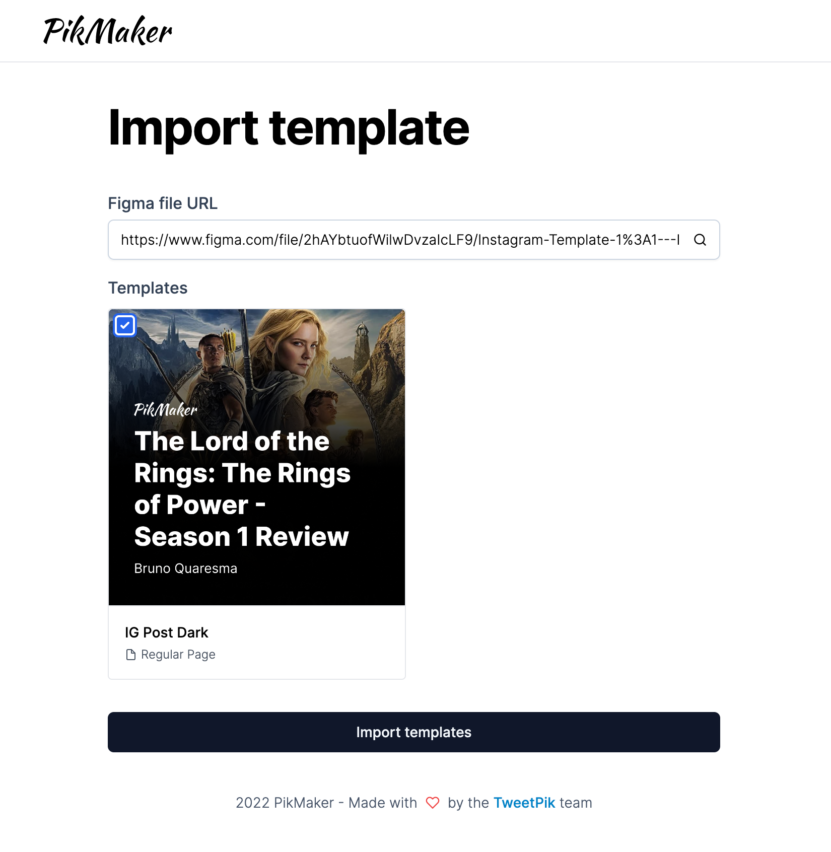 Loading and selecting templates using the Figma file URL